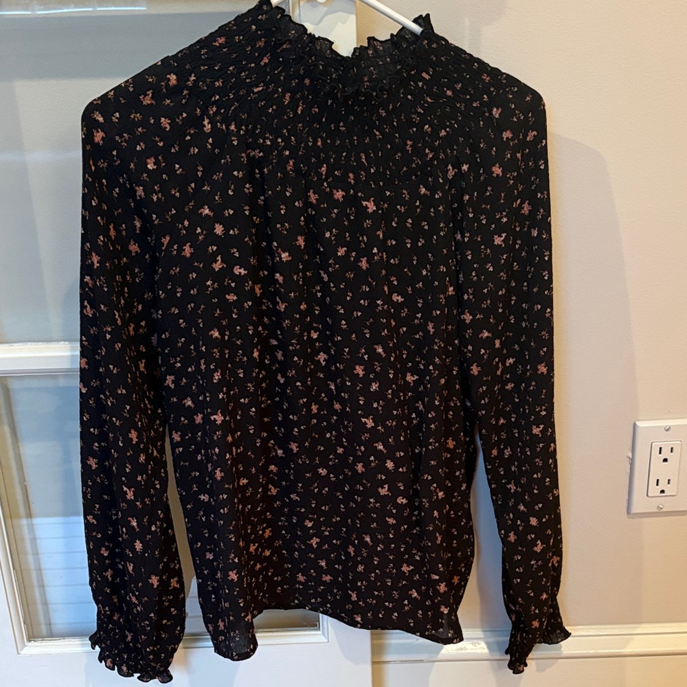 Madewell Black Blouse with pale pink/white/light brown  Floral Print
